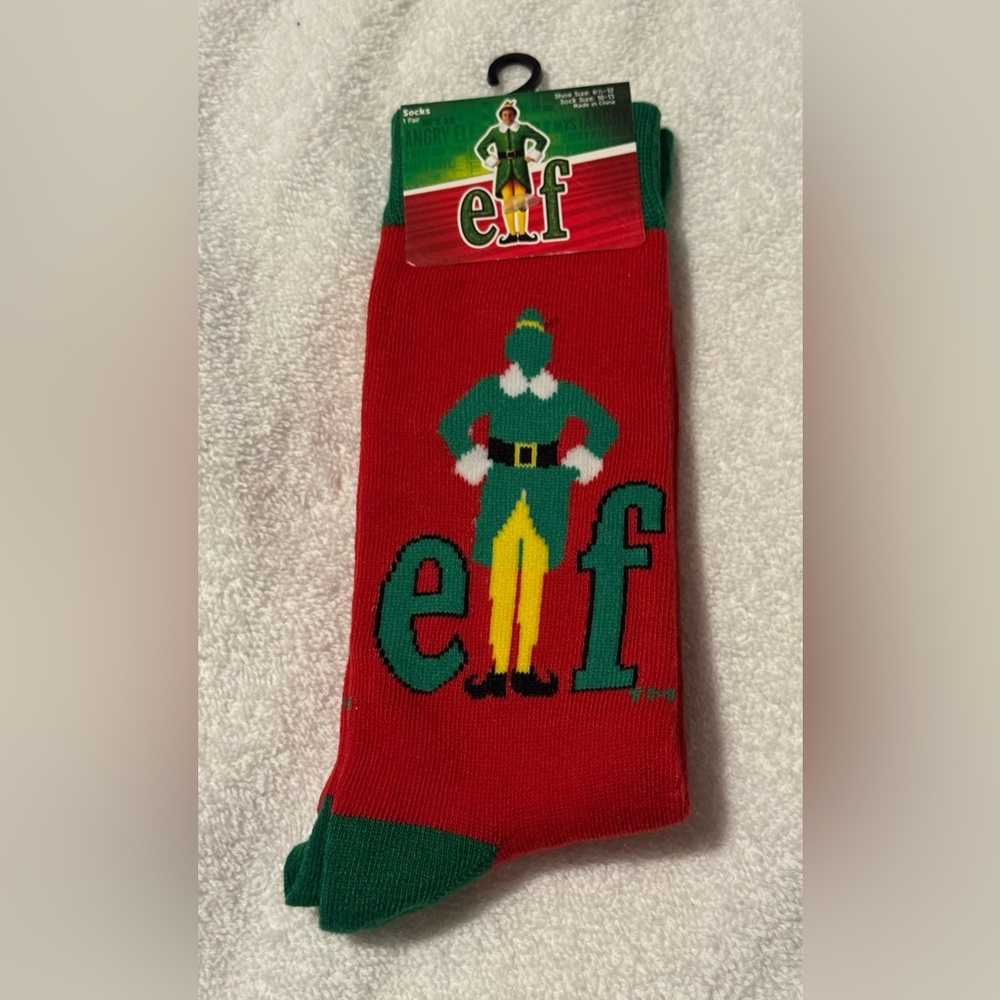 #z270-1 Elf the Movie Character Crew Socks Red & Green Adult Shoe Size 6-12